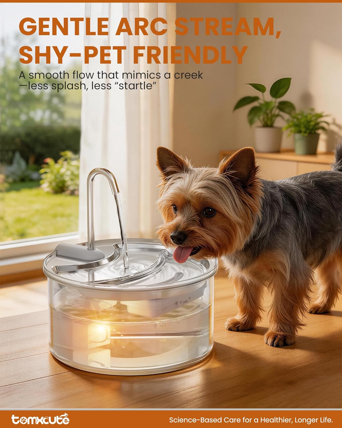 Tomxcute Glass Cat Water Fountain, 84oz/2.5L Scientific Gold Capacity for 1-2 Cats, Tiered Step-Level Pet Fountain with Soft Warm Glow, Ultra Quiet Borosilicate Glass Waterer to Reduce Feline Acne