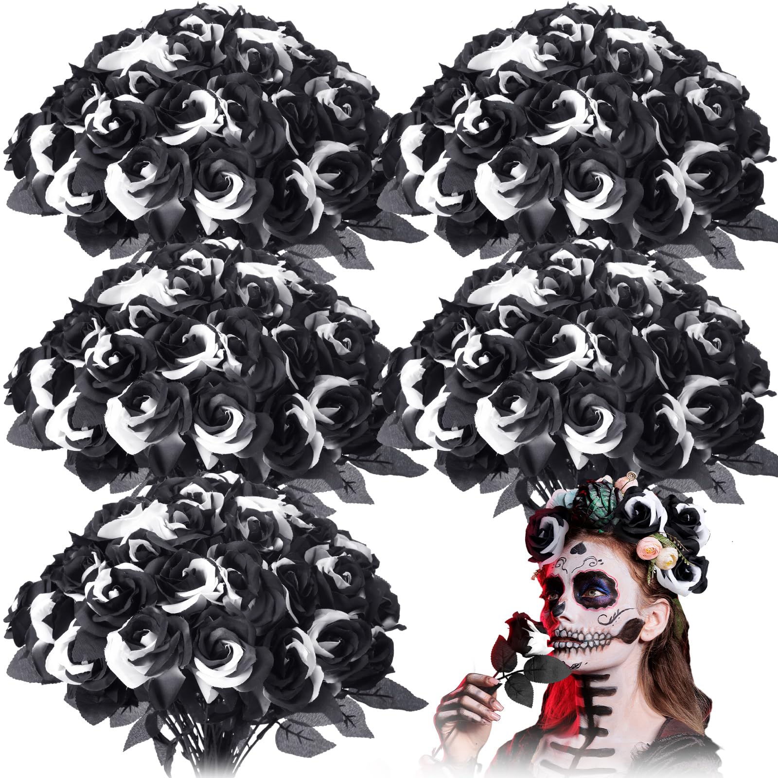 100 Pcs Halloween Artificial Roses Flowers Fake Roses Bouquet Vintage Realistic Long Stem with Black Leaves for Bridal Wedding Halloween Party Favor Gothic Decoration(Black and White)