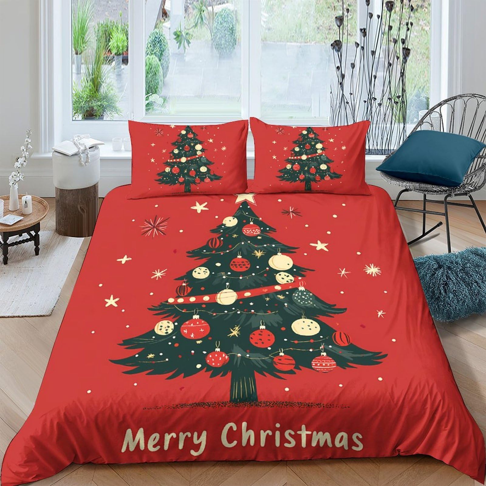 TUFRTGYHN 3D Printed Christmas Tree Duvet Cover Microfiber Soft Red Bedding Set with 2 Pillowcases for Bedroom Decor, Single（135x200cm）