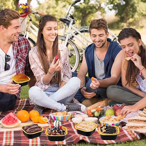 Miniatura 7 de Mini moldes para pasteles con tapas y cucharas (paquete de 50, negro, 10 onzas), moldes cuadrados para magdalenas, mini sartenes de aluminio con