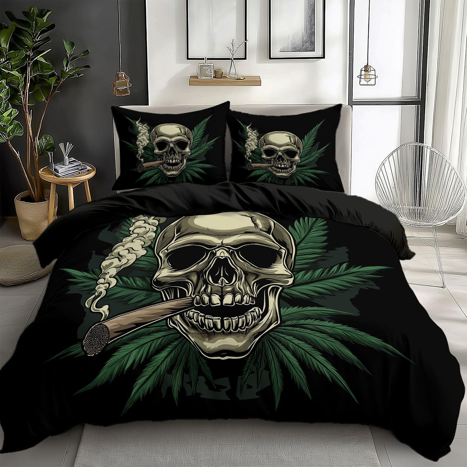 California King Duvet Cover Cartoon Skull Leaves Cal King Bedding Duvet Cover Set, 3 Pieces, Soft and Breathable Comforter Cover with 2 Pillow Shams, for All Season