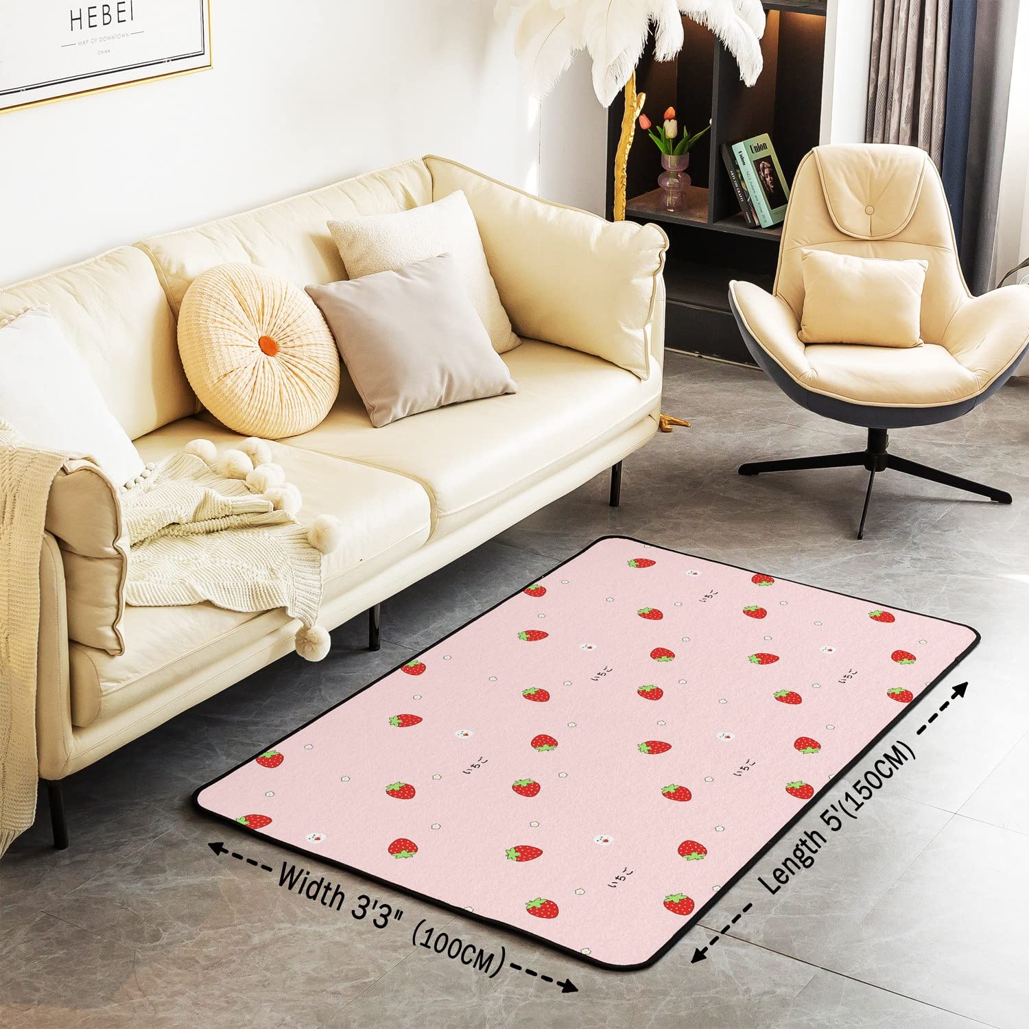 Girls Strawberry Area Rugs 3x5, Kawaii Strawberry Non Shedding Rugs for Kids, Japanese Style Pink Cute Cartoon Fruit Food Theme Living Room Rugs, Girly White Floral Carpet for Bedroom Home Decorative