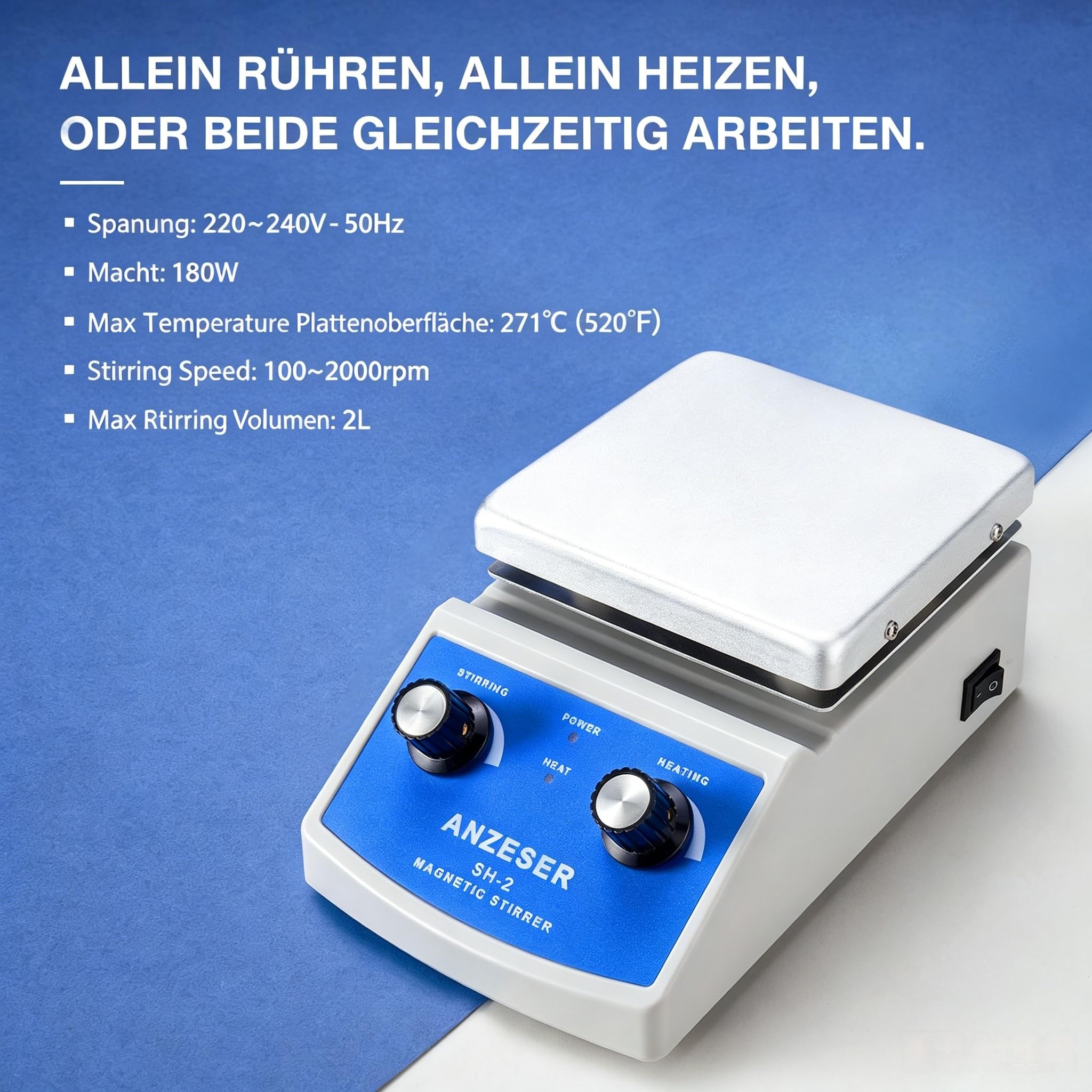 Magnetrührer Heizplatte 120x120mm 380°C zum gleichzeitigen Mischen Rühren und Erhitzen EU-Stecker, PTFE_(Polytetrafluorethylen), Aluminium