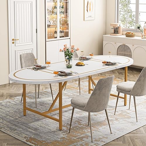 Tribesigns Mesa de comedor moderna para 6 personas, mesa de comedor ovalada blanca dorada de 70.8 pulgadas con marco de metal, mesas de cocina para