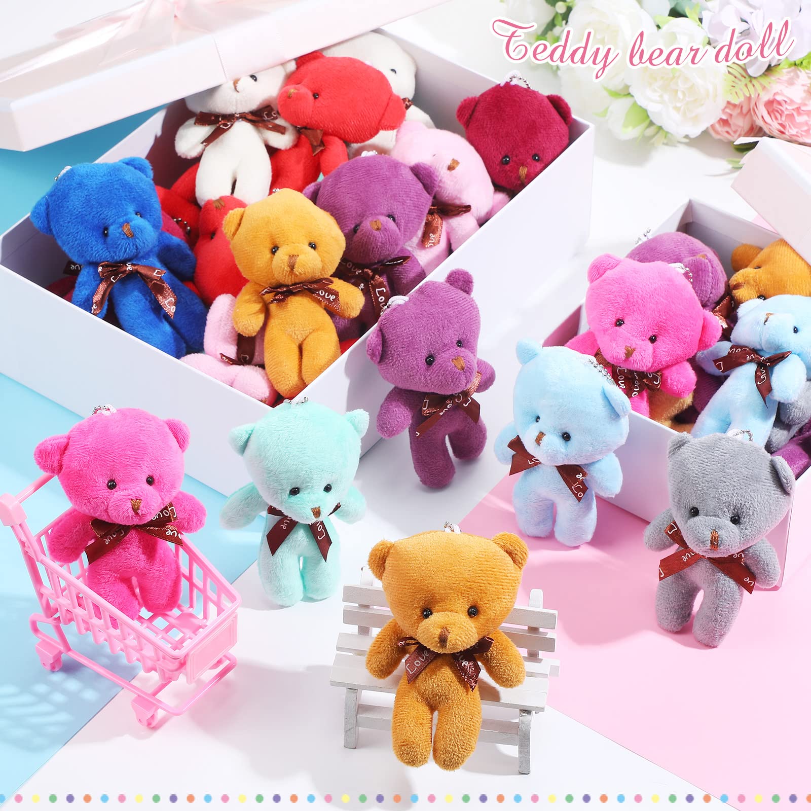 HyDren 15 Pieces Plush Stuffed Bears 10 Inch Cute Soft Bear Stuffed Animal Toy With Bow Tie For Baby Shower Birthday Party Gift Favors(Golden, Brown, White