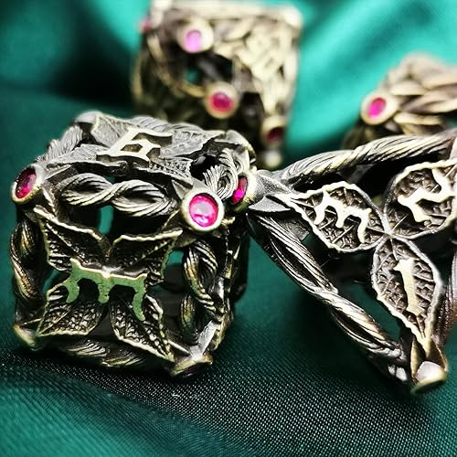 Miniatura 4 de Juego de dados de metal con hojas de vid mágicas huecas, juego de 7 dados para juegos de rol, dados de D&D Dungeons and Dragons (bronce antiguo +