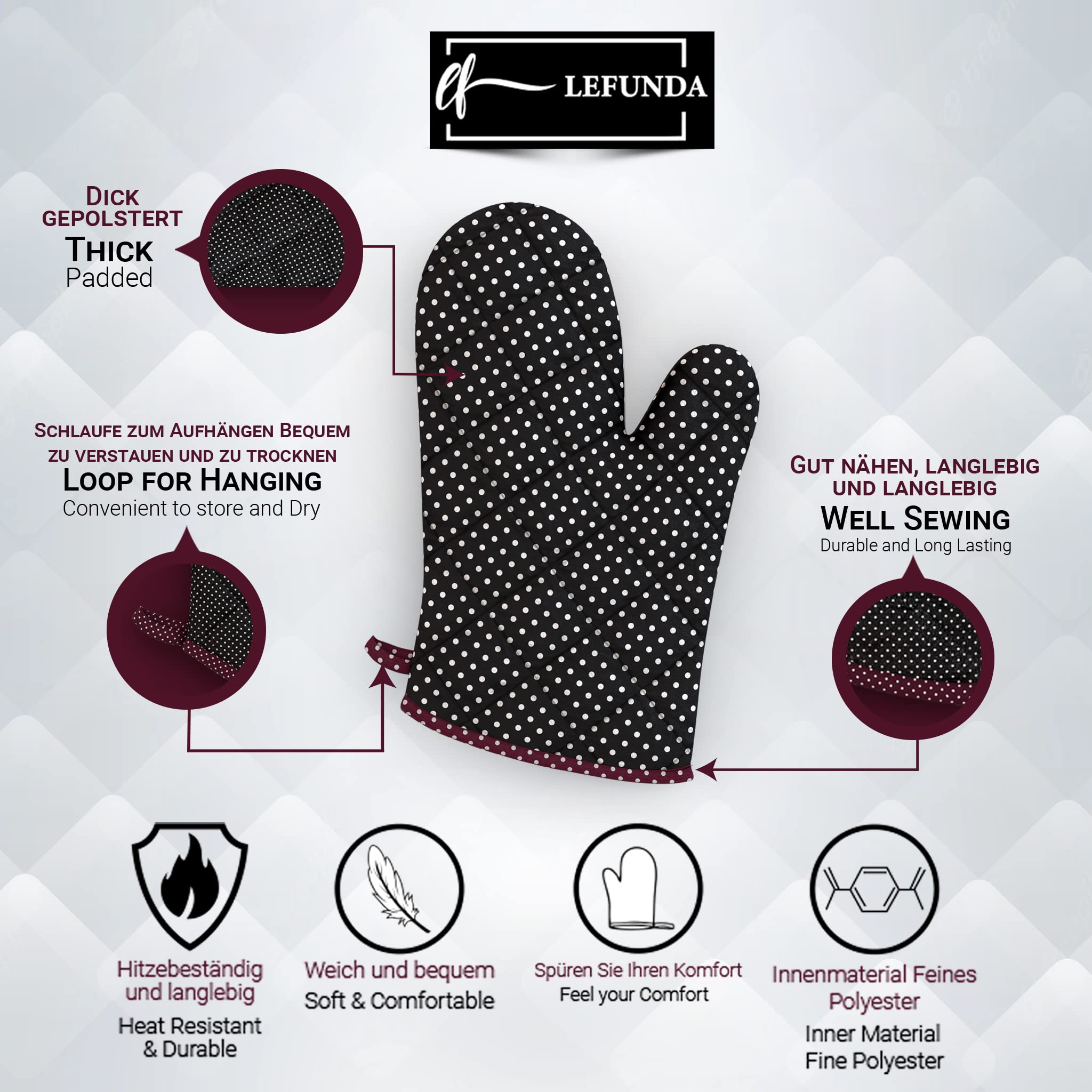 LEFUNDA® Ofenhandschuhe Topflappen 4er Set, Hitzebeständige Topfhandschuhe Baumwolle, Grillhandschuhe, Ofen Handschuhe zum Backen, Kochen, Grillen Kochhandschuhe Oven Mitts, Backhandschuhe (Schwarz) Küche, Haushalt & Wohnen
