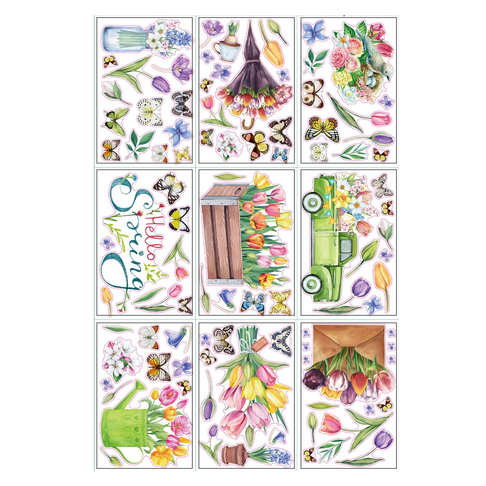 9 Sheets Spring Themed PVC Window Sticker Tulips Butterfly Pattern Glass Decorations Decal for Home or Double Sided Window Sticker