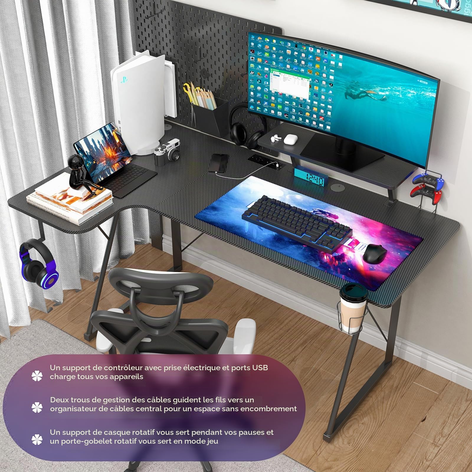 Bureau Gaming 150x90, Table Gaming avec 2 Prises Electriques et 2 Ports USB, Bureau en Forme de L, Fibre de Carbone, Support de Moniteur, pour Etudier, Jouer et Travailler, Noir