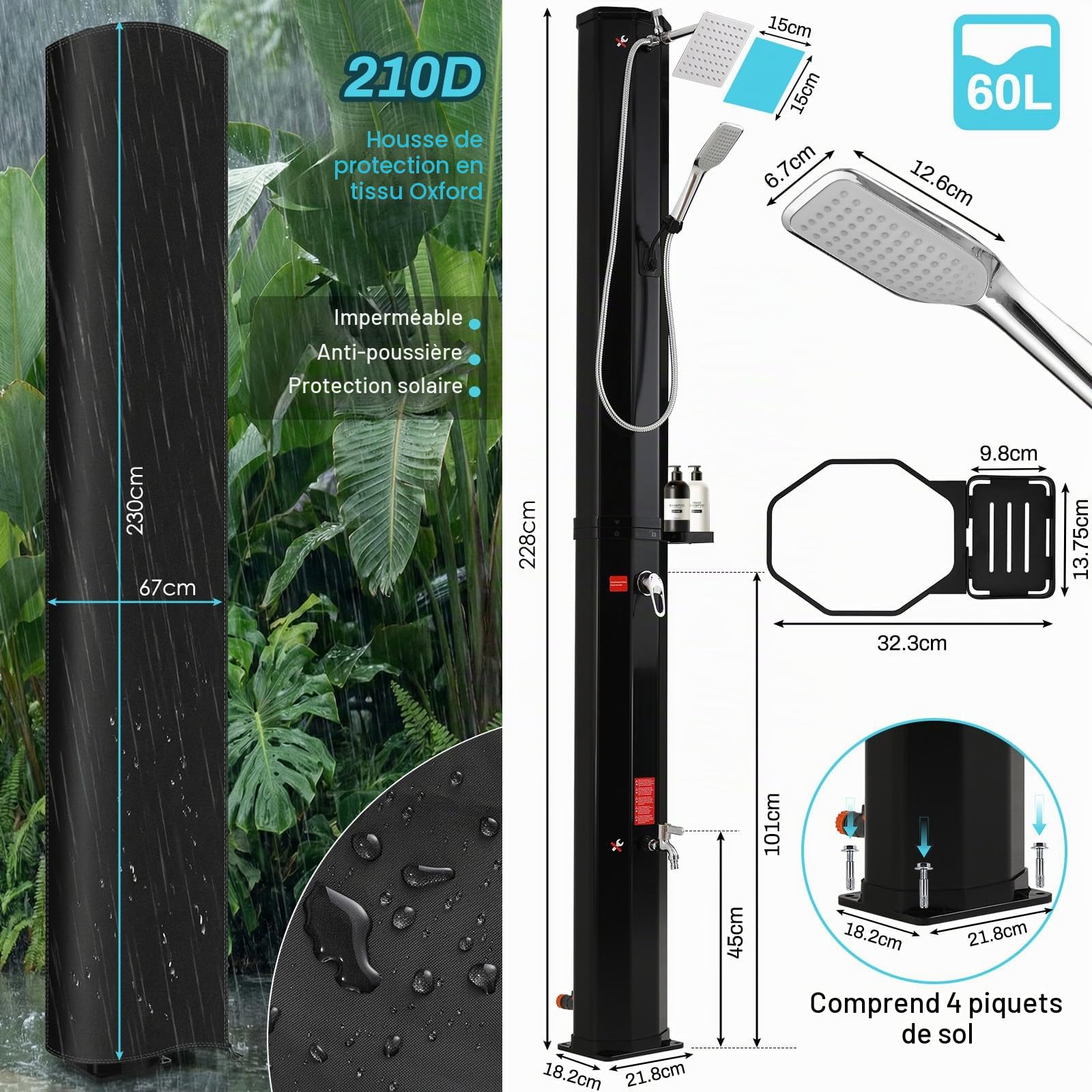 LIFERUN Douche Solaire 60L, Douche de Jardin Solaire, avec Pommeau de Douche, Douchette, Robinet et Housse de Protection, Eau Chaude jusqu'à 60 °C, sans Raccordement Électrique, pour Piscine Plage