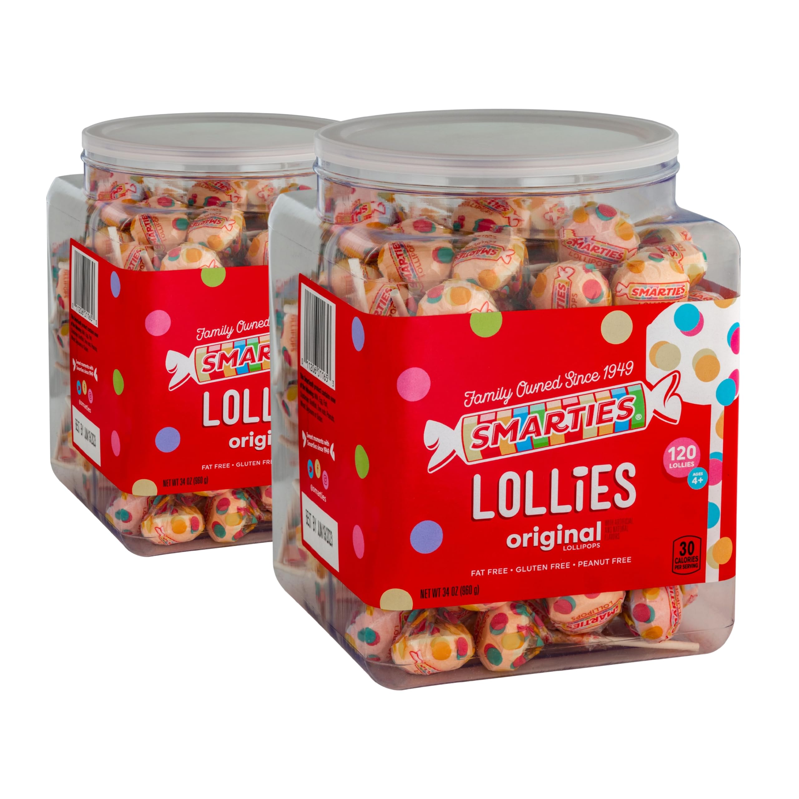 Smarties Lollies - Gluten Free, Peanut Free, Fat Free Assorted Fruity Flavors Lollipops - Low Calorie Perfect for Birthdays, Parties - Made by US Candy Company Since 1949-34 oz 120 Count (Pack of 2)