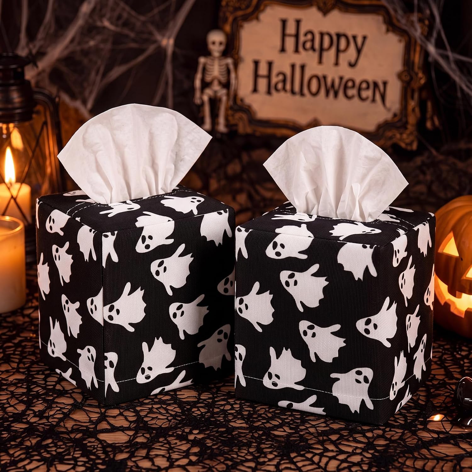 Reallnaive 2 Pcs Halloween Ghost Tissue Box Cover Square, Black and White