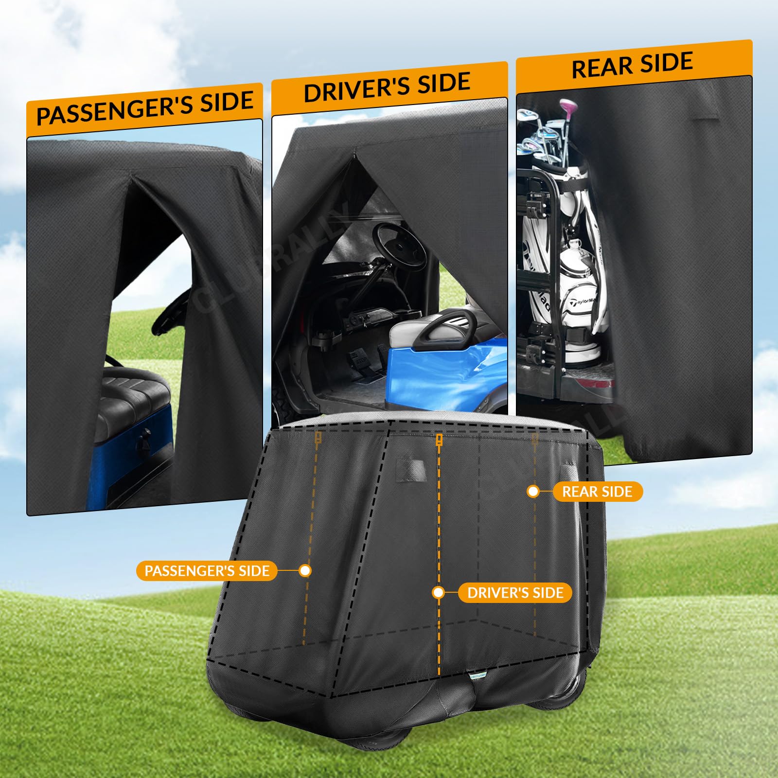 Golfwagen-Abdeckung für 3 Türen, geeignet für die meisten Yamaha, EZGO, Clubwagen, hochdichtes 600D PU-Polyester, gelötete Golfwagen-Abdeckung mit wasserdichtem Reißverschluss
