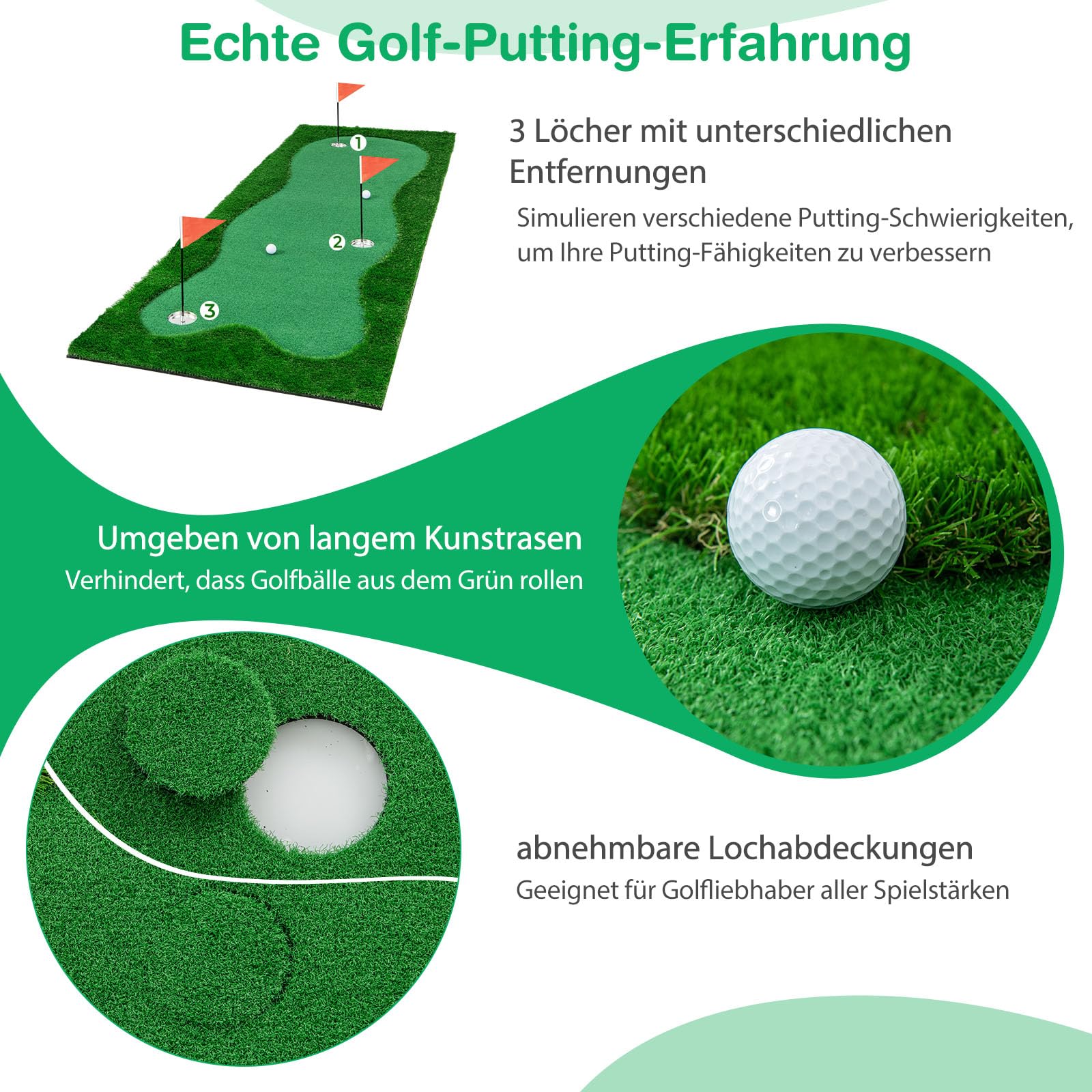 GYMAX Golf Übungsmatte 3 x 1 m, professionelle Golf Trainingsmatte mit 2 Golfbällen, 3 Golfbechern & 3 Löchern, Golfmatte mit 3 Flaggen, Puttingmatte für den Innen- & Außenbereich
