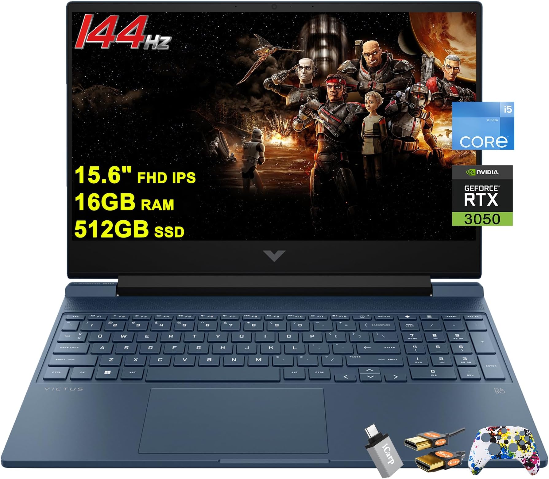 HP Victus 15 Gaming Laptop 15.6" FHD IPS Anti-Glare 144Hz Intel 8 Core i5-12450H (Beat i7-11800H) 16GB RAM 512GB SSD GeForce RTX 3050 Backlit B&O Fast Charging Win11 Blue with ICP Accessories