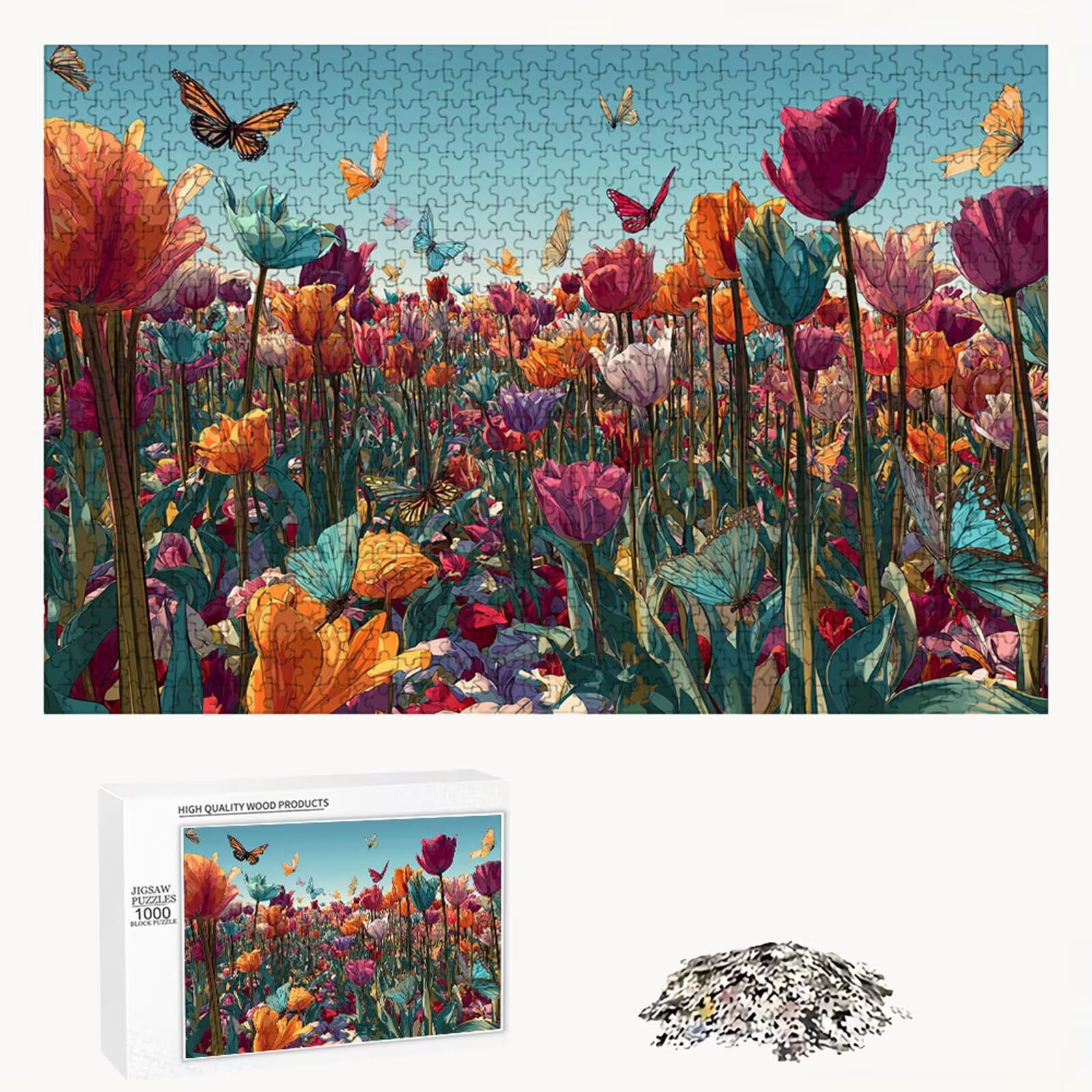 Puzzle 2000 elementów - Tulipan i motyl - Trwałe drewniane puzzle z literami z tyłu - 70 x 100 cm - Kreatywne hobby bez kurzu - Artykuł kolekcjonerski i ponad 14 lat P3#160