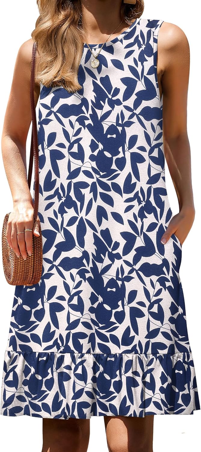Casual loose sleeveless summer dress with ruffle hem and pockets.