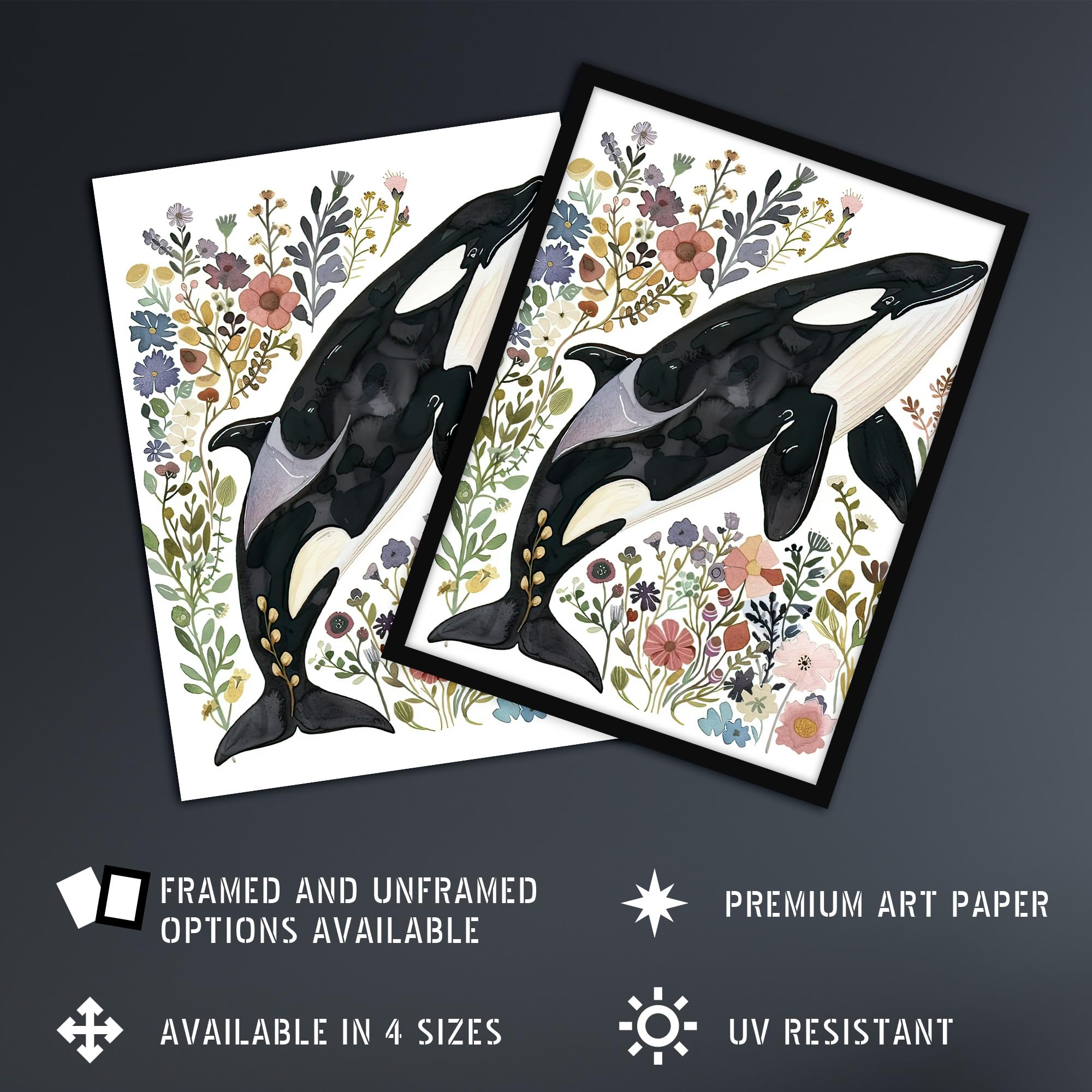 Artery8 Orca Killer Whale with Wildflowers Bright Floral Living Room Extra Large XL Wall Art Poster Print - Image 2