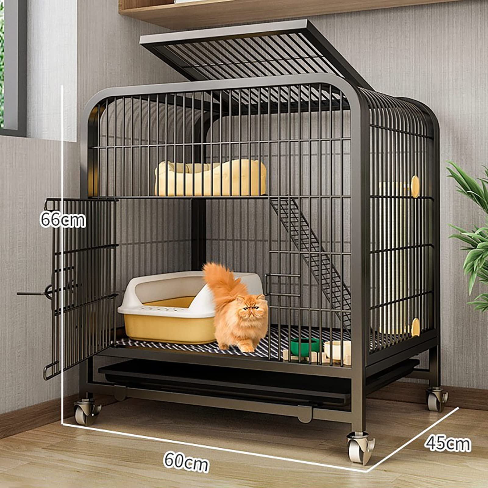 Grande gabbia per gatti a 2 livelli con ruote, rampa e amaca, per interni ed esterni, cuccia e box per cincillà e furetti, nero (60 x 45 x 66 cm)