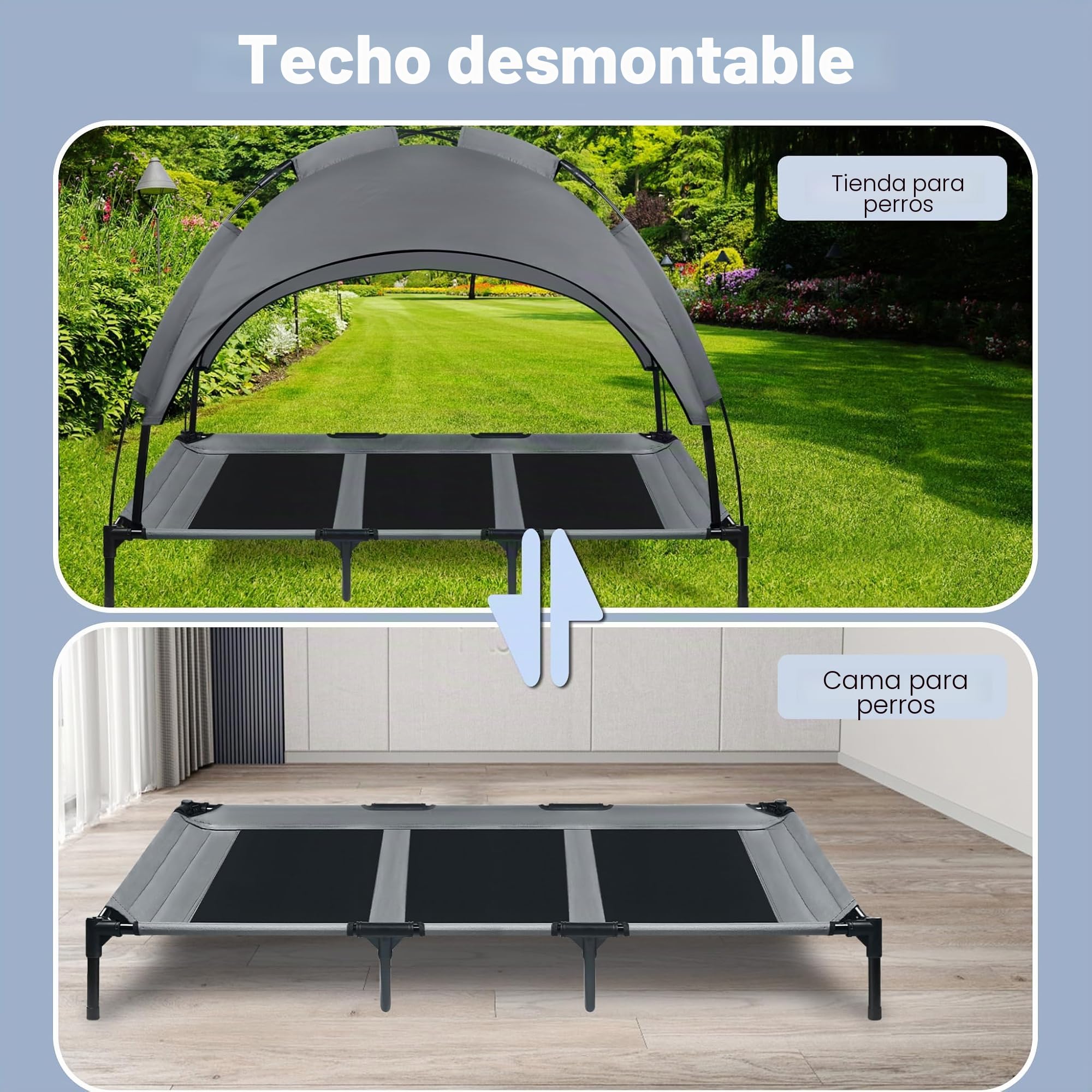 UISEBER Cama para mascotas elevada 122 x 92 x 102 cm Cama para perros al aire libre con techo para perros grandes hasta 60 kg Impermeable Camas para mascotas para interior y exterior Gris + Negro【XL】