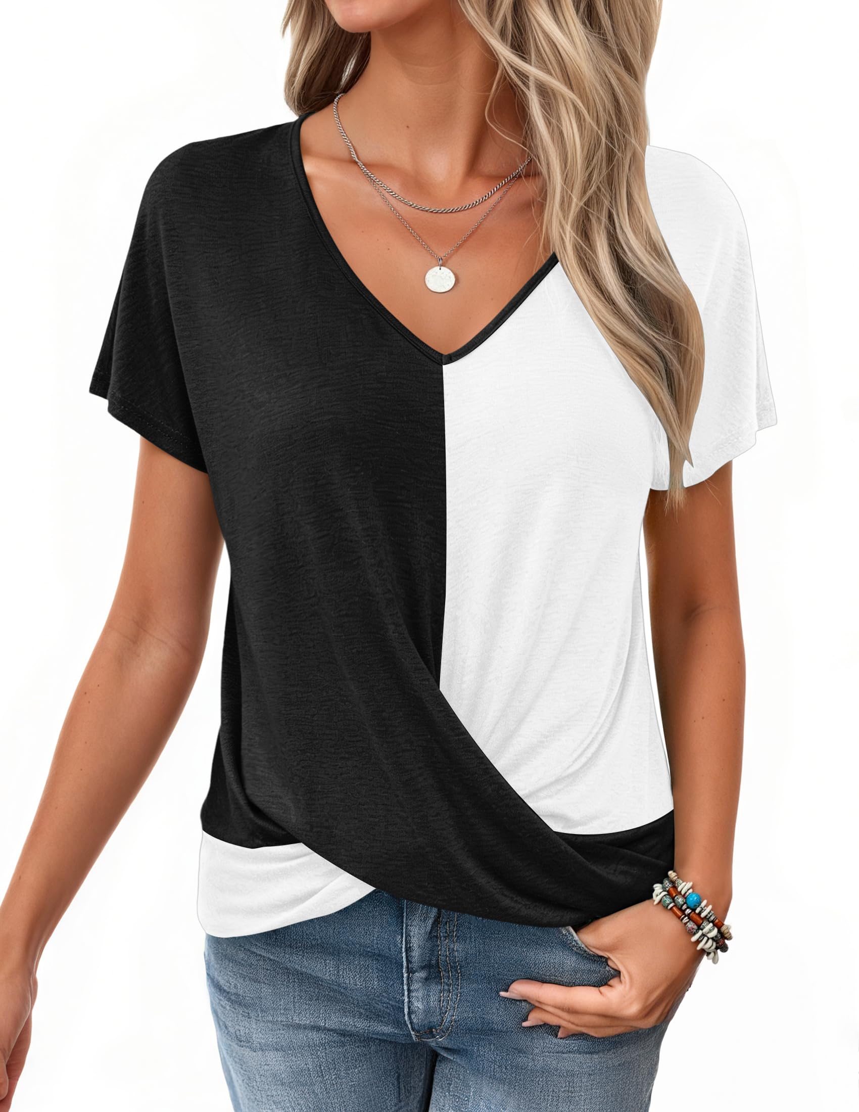 WNEEDU Tshirt Damen Sommer-V Ausschnitt Kurzarm T-Shirt Damen Elegant Twist Front Oberteile Bluse Basic Top lässige