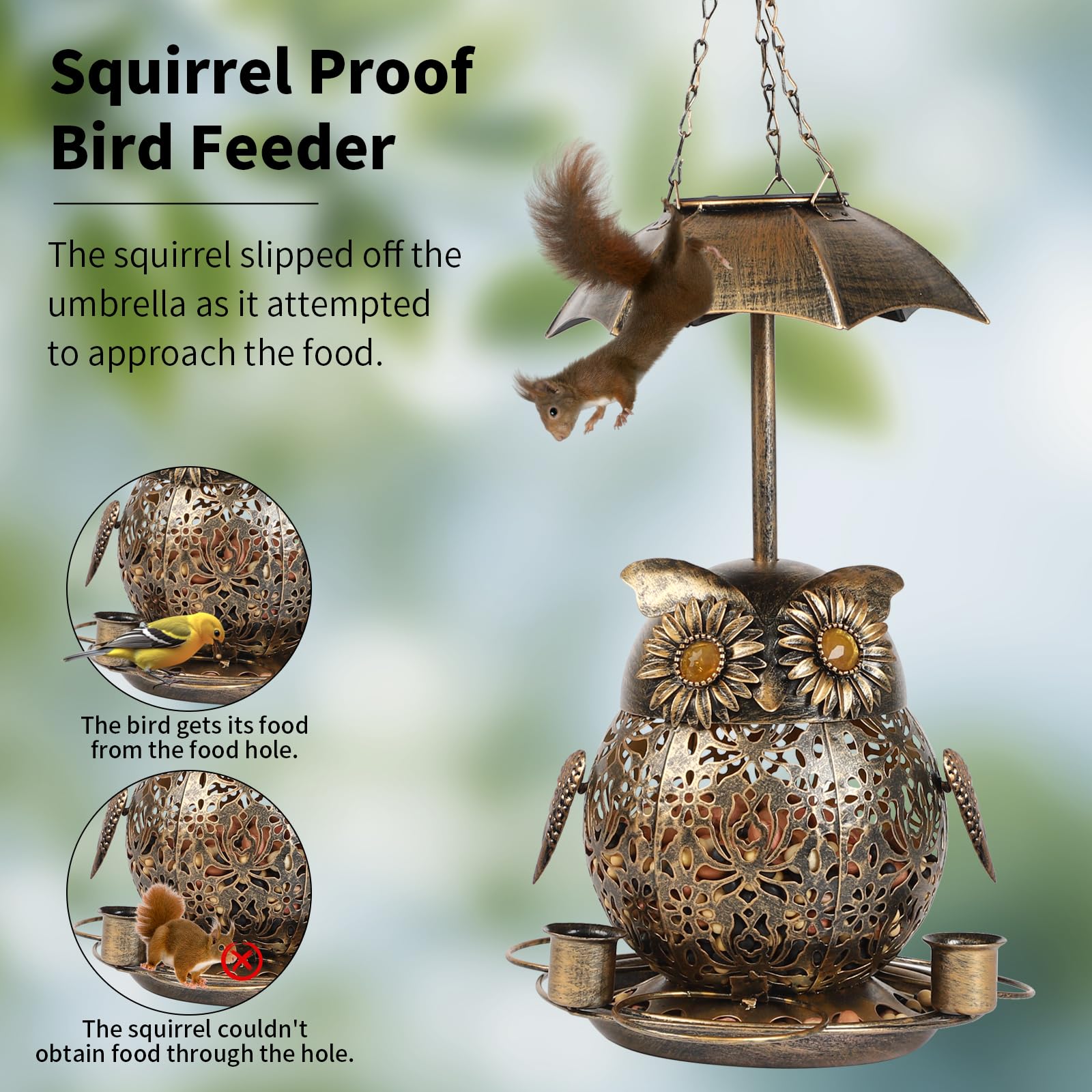 Comedero colgante para pájaros al aire libre. Comedero para pájaros a prueba de ardillas al aire libre. Comedero para pájaros con luz solar para exteriores con 3 tazas de agua. Jardín, patio trasero