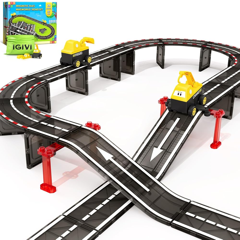 IGIVI Magnetic Tiles Road Race Track with Engineering Car, Magnetic Building Blocks for Toddler Kids Toys, Educational Construction Toys Gift for 3+ Year Old Boys and Girls