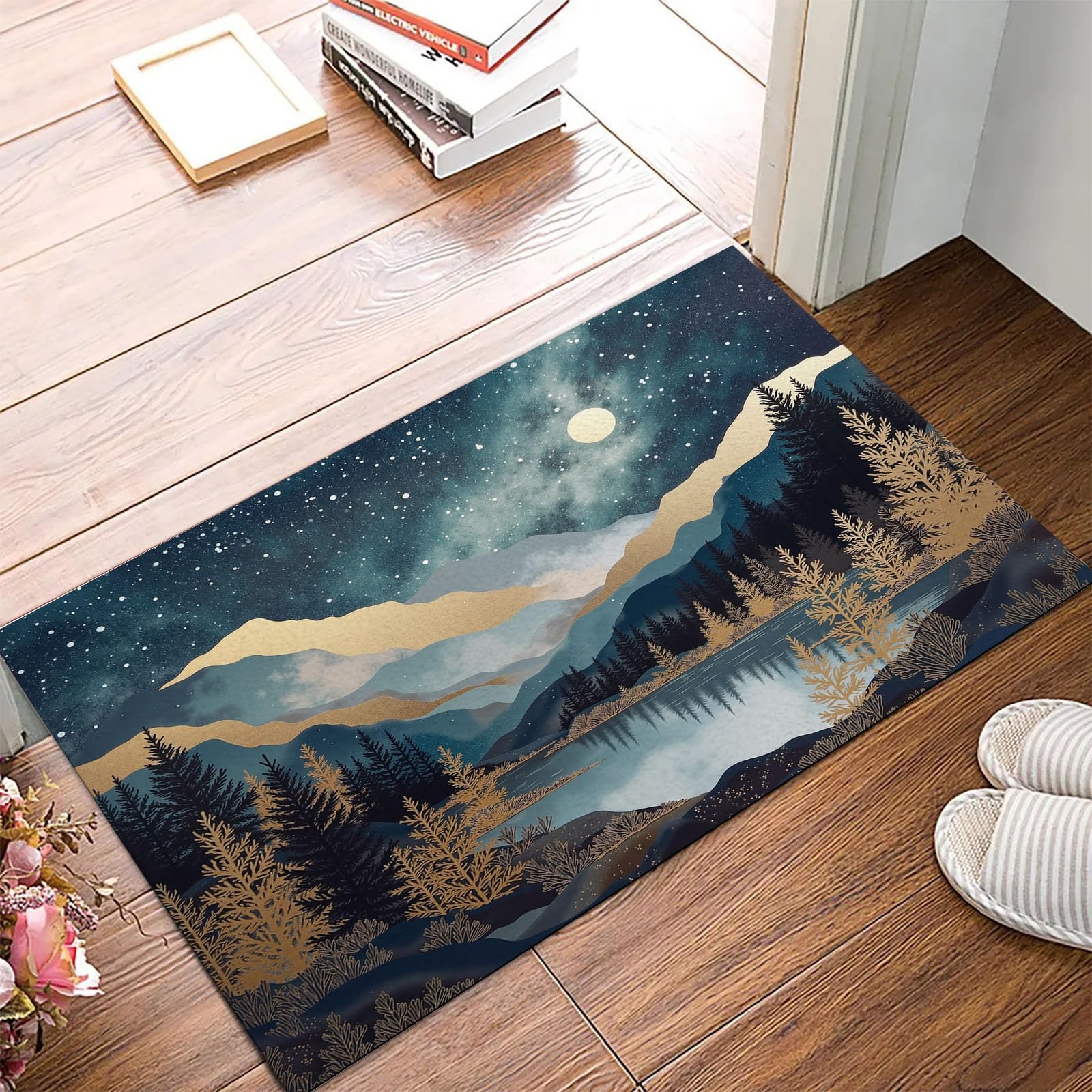 Tapis entrée de luxe paysage de montagnes design feuilles d'or chic et absorbant 60x90