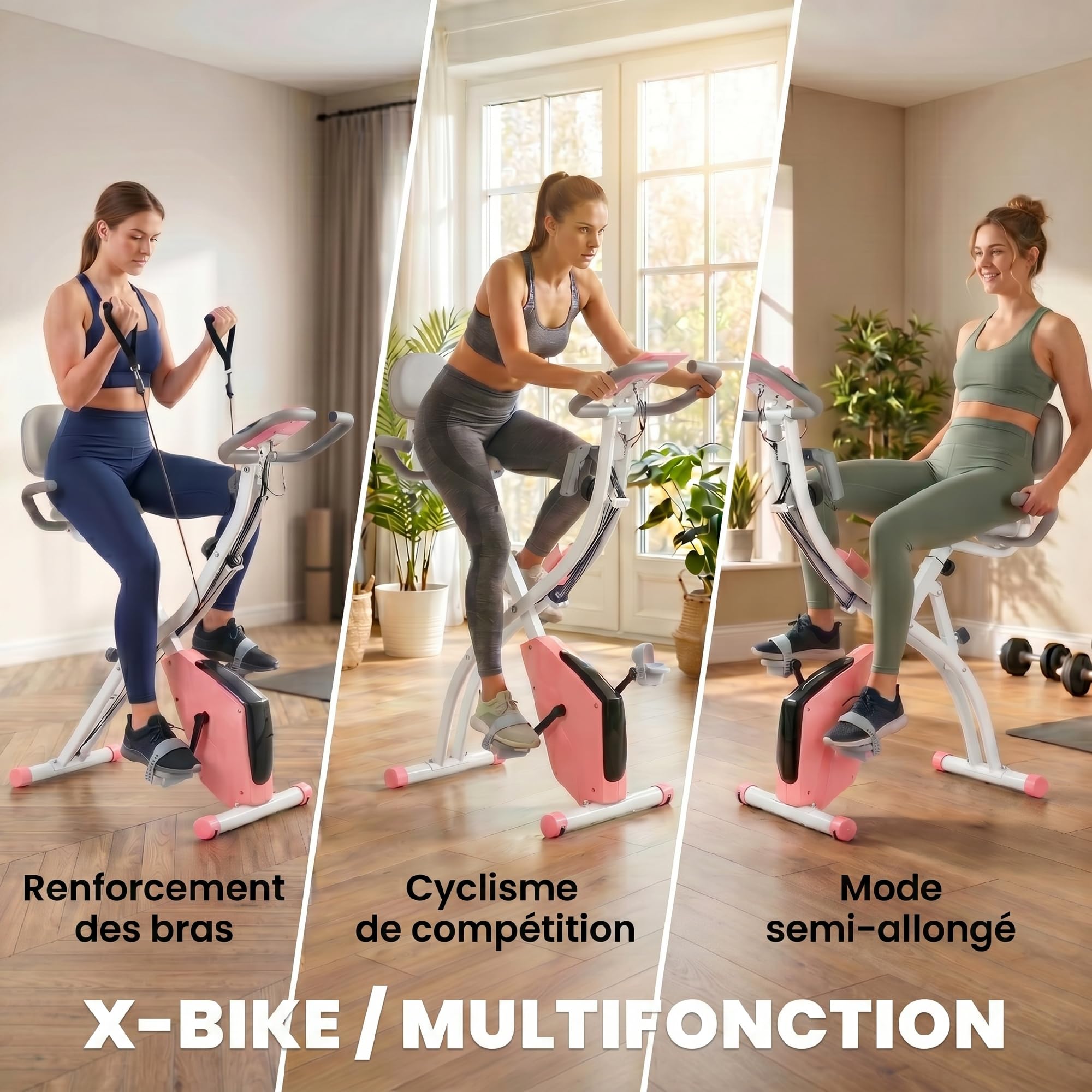 HOMCOM Vélo d'Appartement Pliable 4-en-1 - Ergomètre Magnétique Silencieux avec Cordes de Résistance - Sport Maison et Cardio-training avec Roulettes, Selle Confort et LCD (Max 120kg)