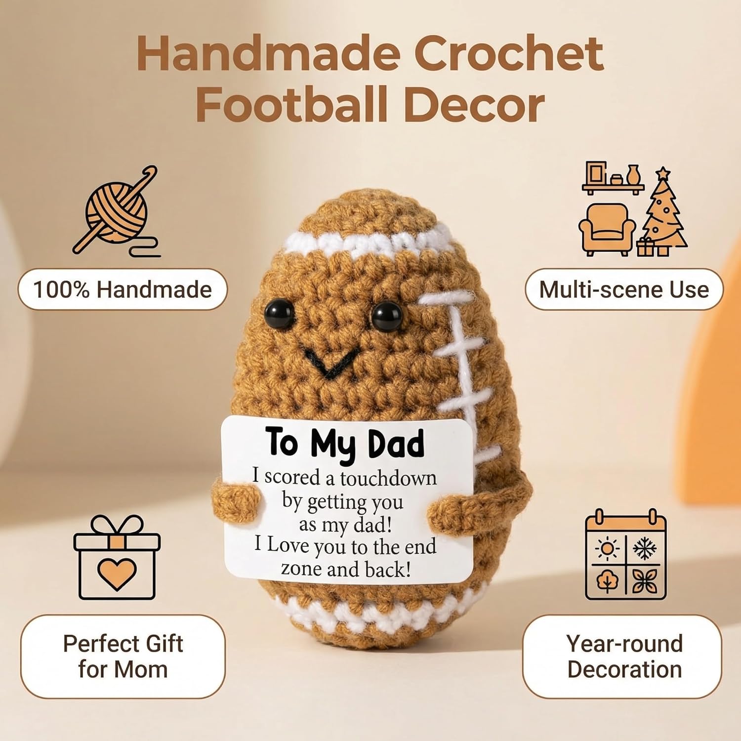 Brown Crochet Football Handmade Positive Plush Ornament Playful Mother Appreciation Keepsake Office Shelf Accent