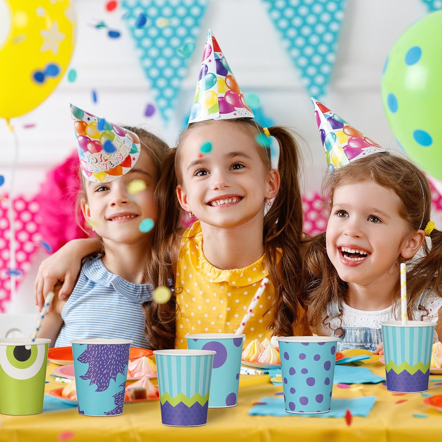 Vesici 100 Pcs Monster Party Supplies 9 oz Disposable Paper Cups Cartoon Blue Purple Green Monster Themed Party Cups for Girl Boy Birthday Baby Shower Decorations