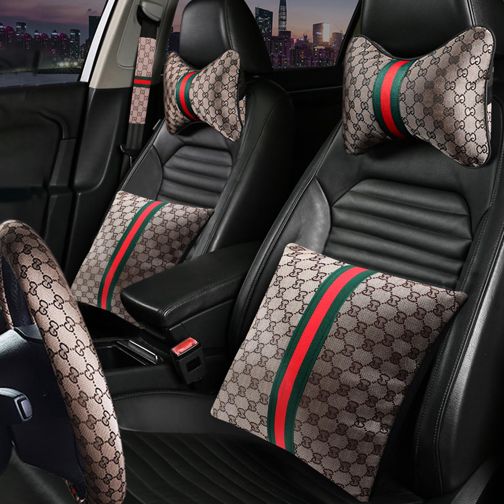 7PCS Steering Wheel Cover Set for Women, Car Accessories with Car Neck Pillows Lumbar Support Pillow and Seat Belt Covers, Universal Fit 14-15.5
