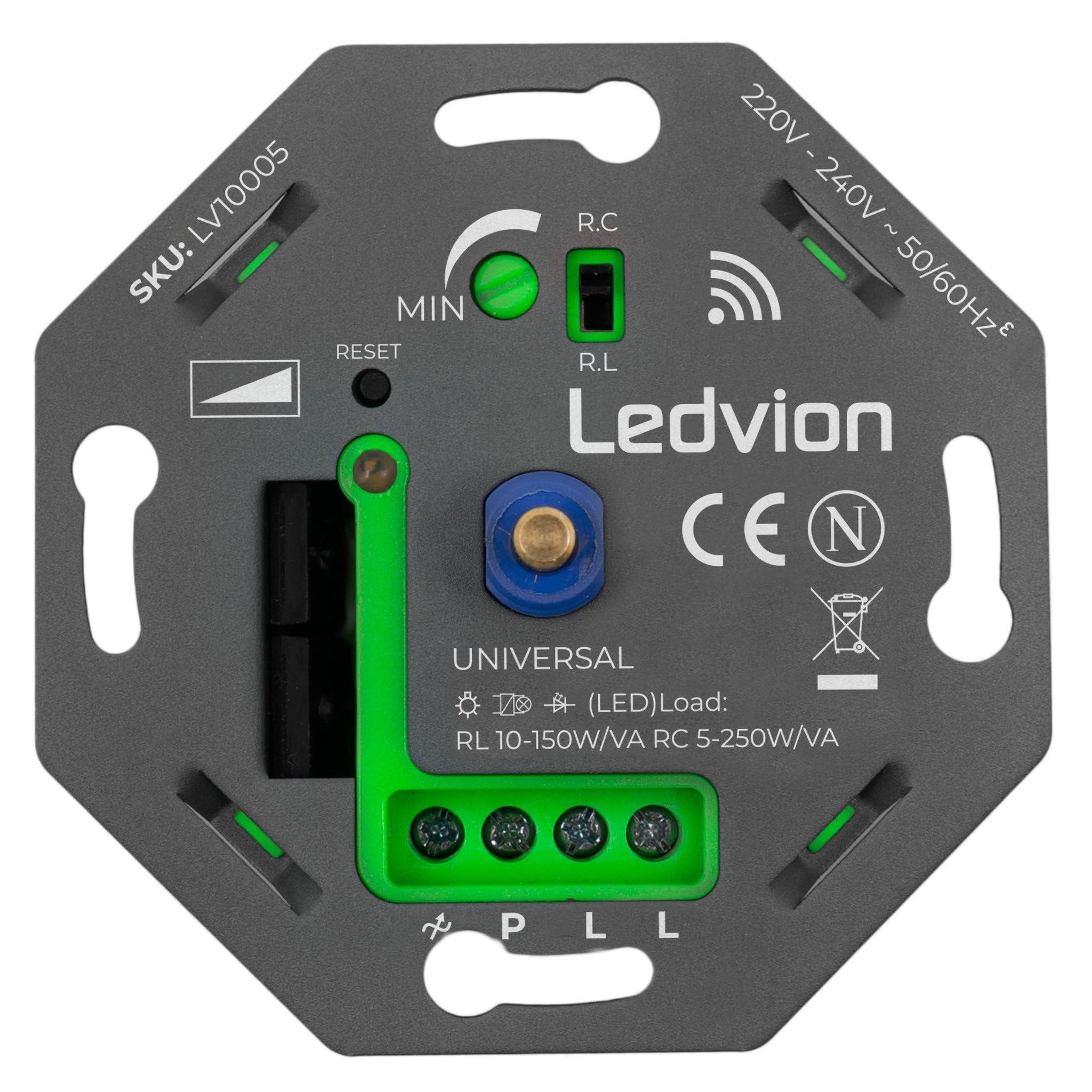 Ledvion - Interruttore Intelligente LED, LED 5-250W, Senza Copertura, Taglio di Fase, Dimmer Rotativo da Incasso, Variatore Rotativo LED