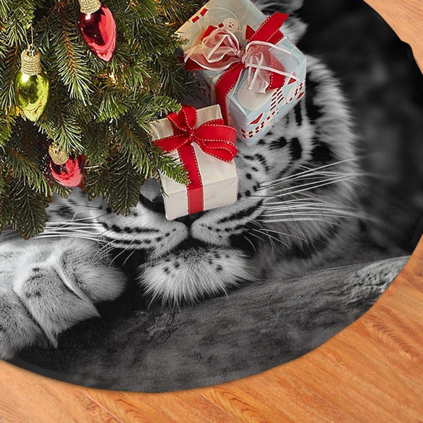 Fodpand Black And White Tiger Christmas Tree Skirt 48" Velvet Xmas Tree Skirt Mat Rustic Christmas Tree Mat Cover Winter Xmas Tree Collar For Indoor Outdoor Christmas Decorations