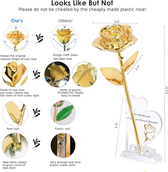 Sinvitron Gold Dipped Rose Real 24K Gold Rose, Hand Dipped One of a Kind Golden Roses, Romantic Gifts for Women on Valentines Day, Anniversary Mothers Day (Gold)