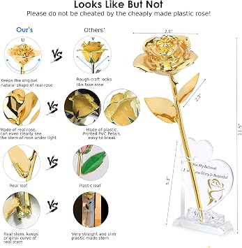 Sinvitron Gold Dipped Rose Real 24K Gold Rose, Hand Dipped One of a Kind Golden Roses, Romantic Gifts for Women on Valentines Day, Anniversary Mothers Day (Gold)