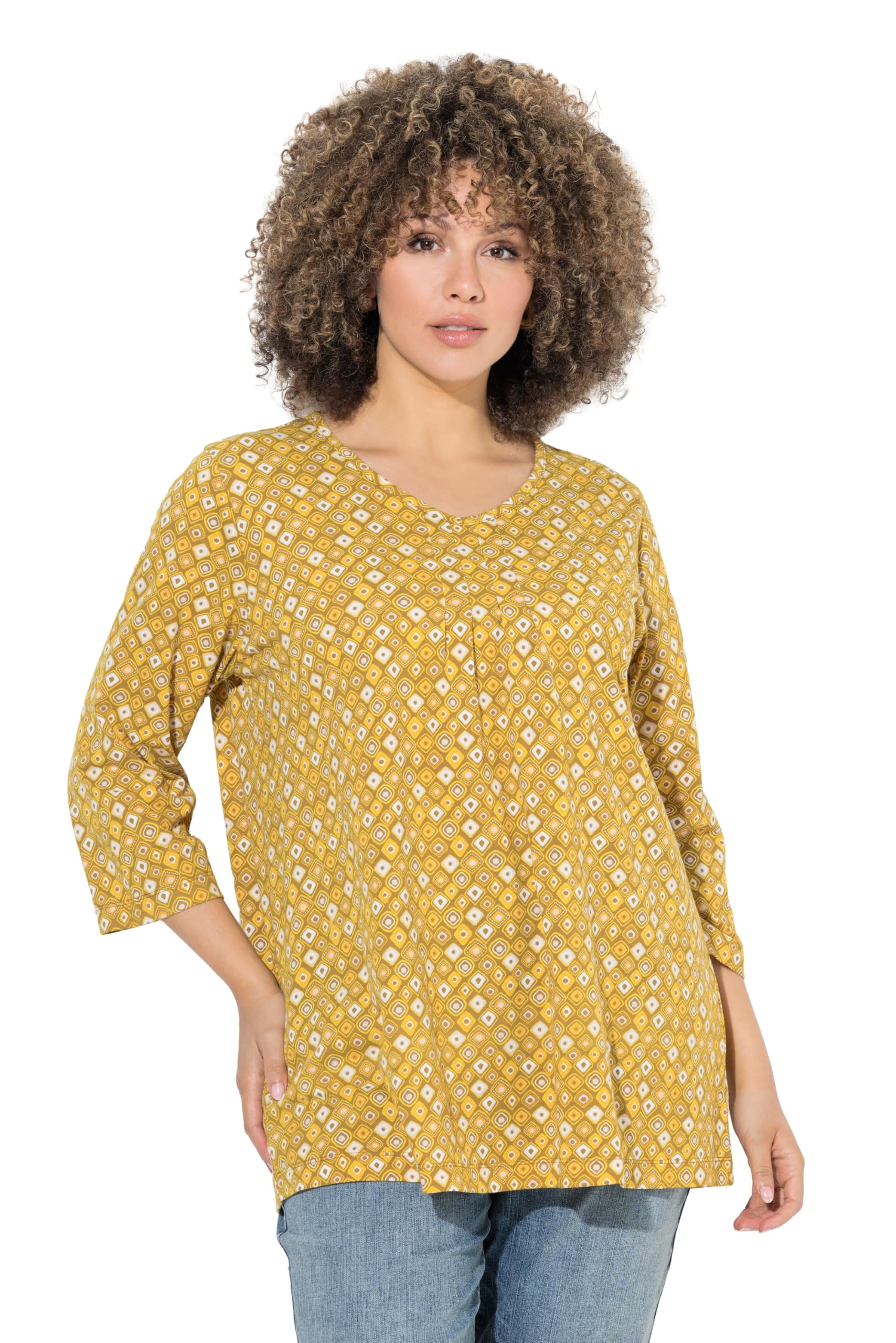 Ulla Popken Damen große Größen Übergrößen Plus Size Shirt, grafischer Druck, A-Linie, V-Ausschnitt, 3/4-Arm 844393