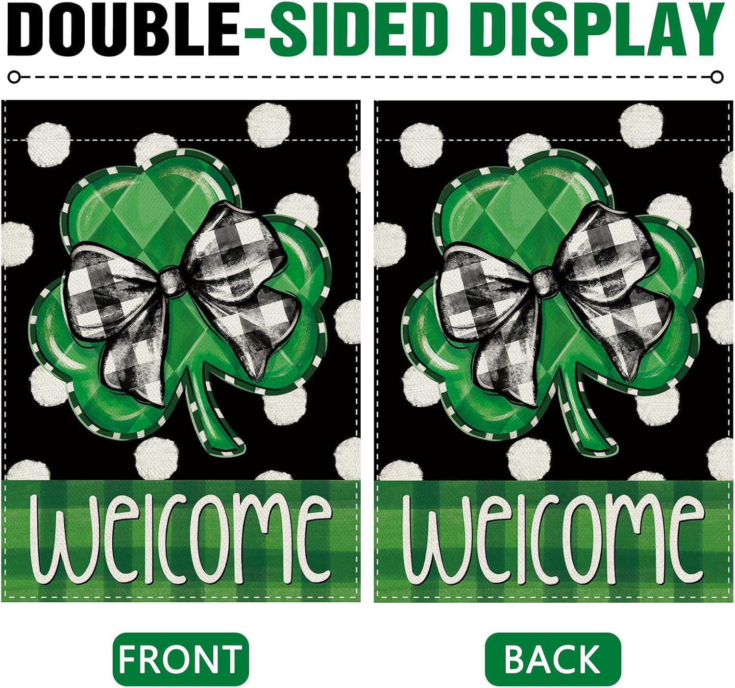 Dyrenson Welcome St Patricks Day Decorative Garden Flag, Lucky Shamrock Clover Plaid Bow Polka Dots Yard Outside Home Decoration, Irish Spring Burlap Outdoor Small Decor Double Sided 12 x 18 - Image 3