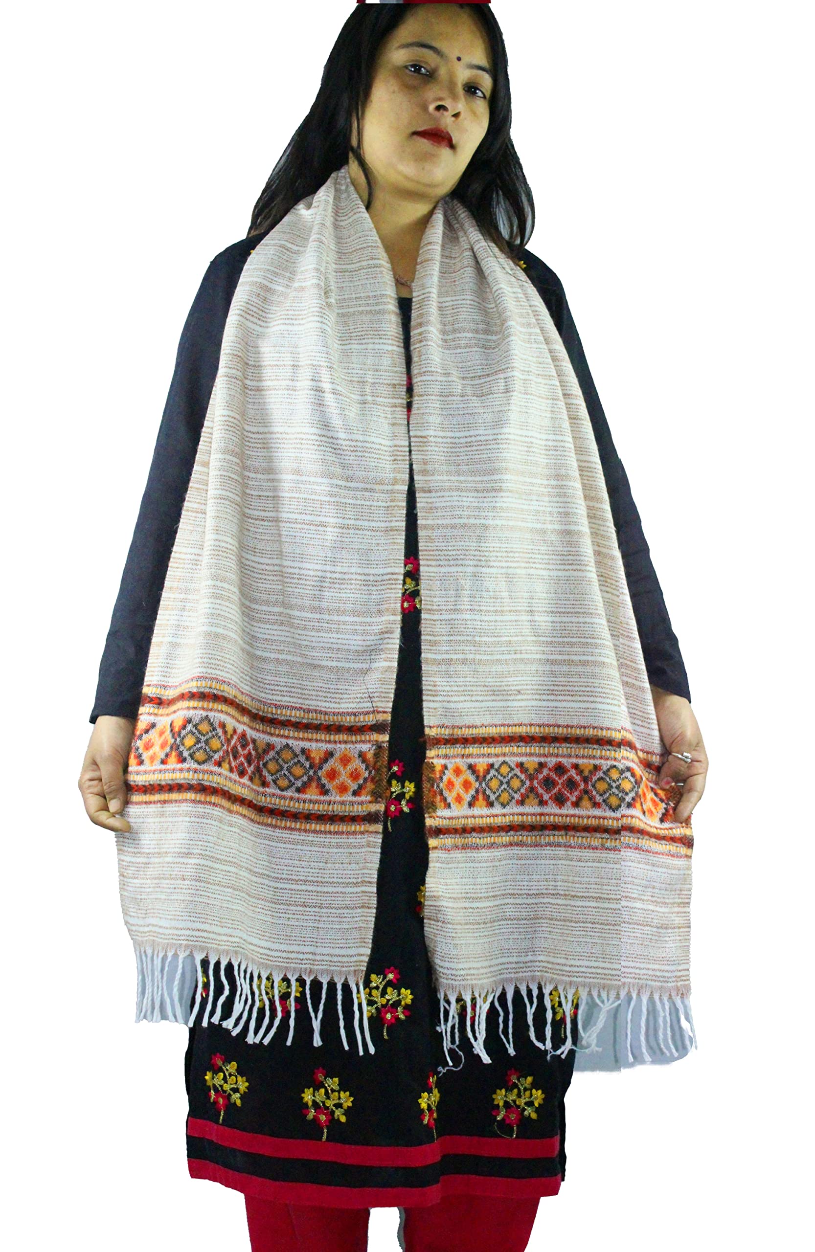 Hand Woven Kullu Pure Woolen Muffler Kullu Handloom for Men and Women white multi COLOR-image-41