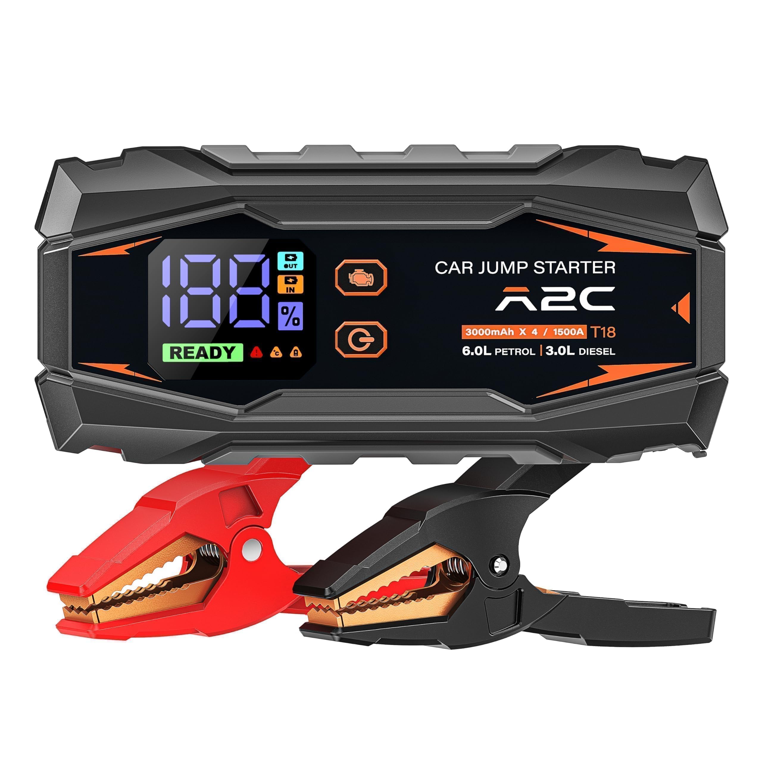 A2C Booster Batterie 1500A, Power Bank 16800mAh pour Essence 6L/Diesel 3L