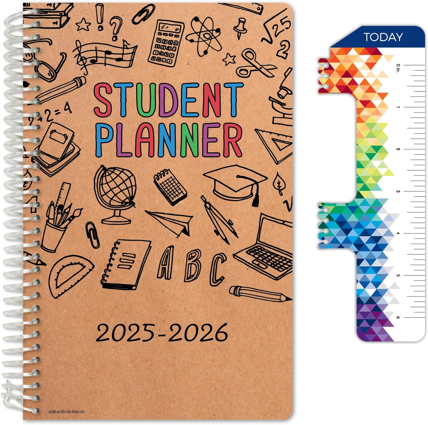 Global Datebooks Dated Middle School or High School Student Planner for Academic Year 2025-2026 Includes Ruler/Bookmark and Planning Stickers (Block Style – 5.5″x8.5″ – Kraft Doodles)