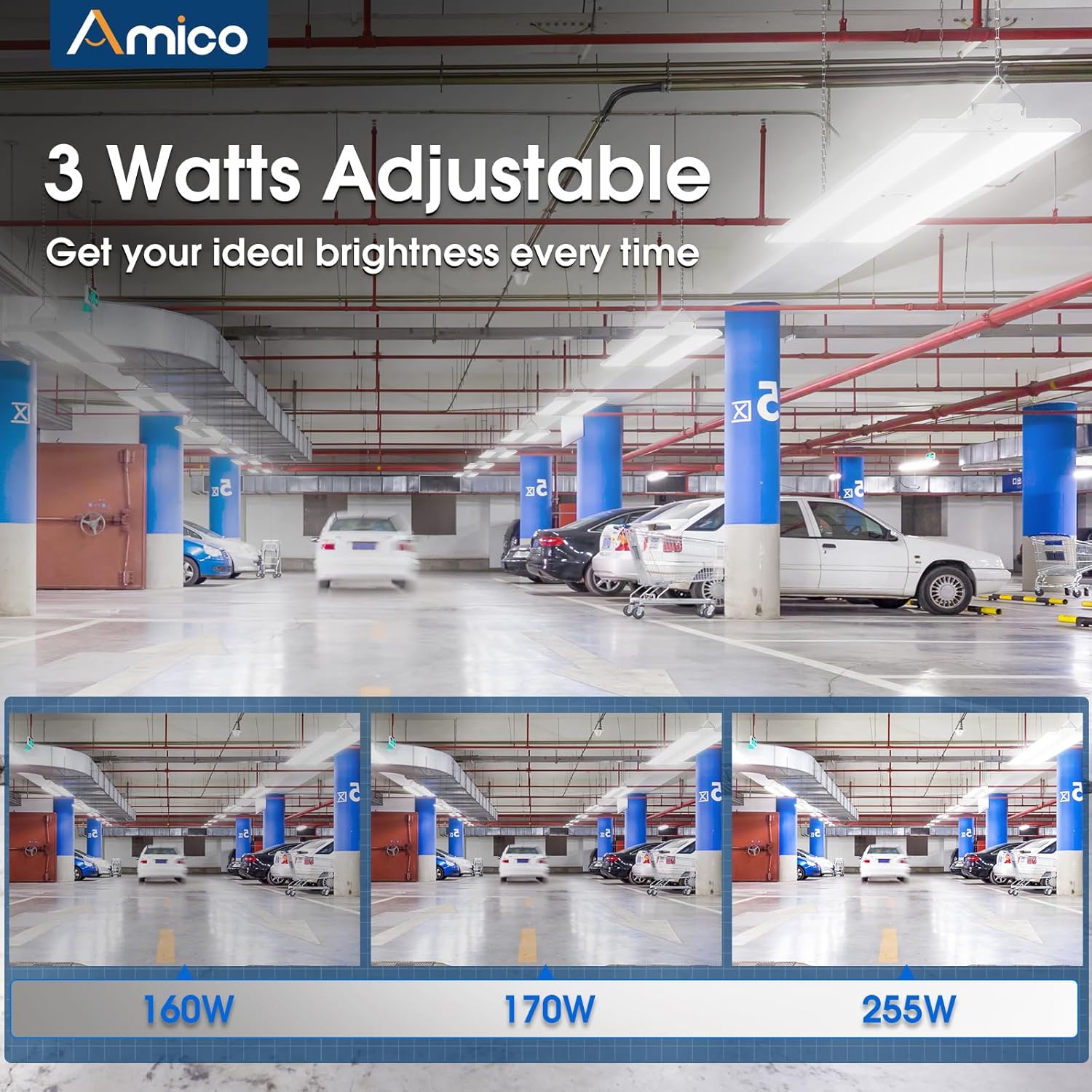 Amico 4 Pack 3FT LED Linear High Bay Light with 3500K/4000K/5000K 3CCT Selectable, 160W/170W/255W, 0-10V Dimmable, 100-277V, 33150LM Super Bright Led Linear Shop Light for Warehouse Workshops, ETL/DLC