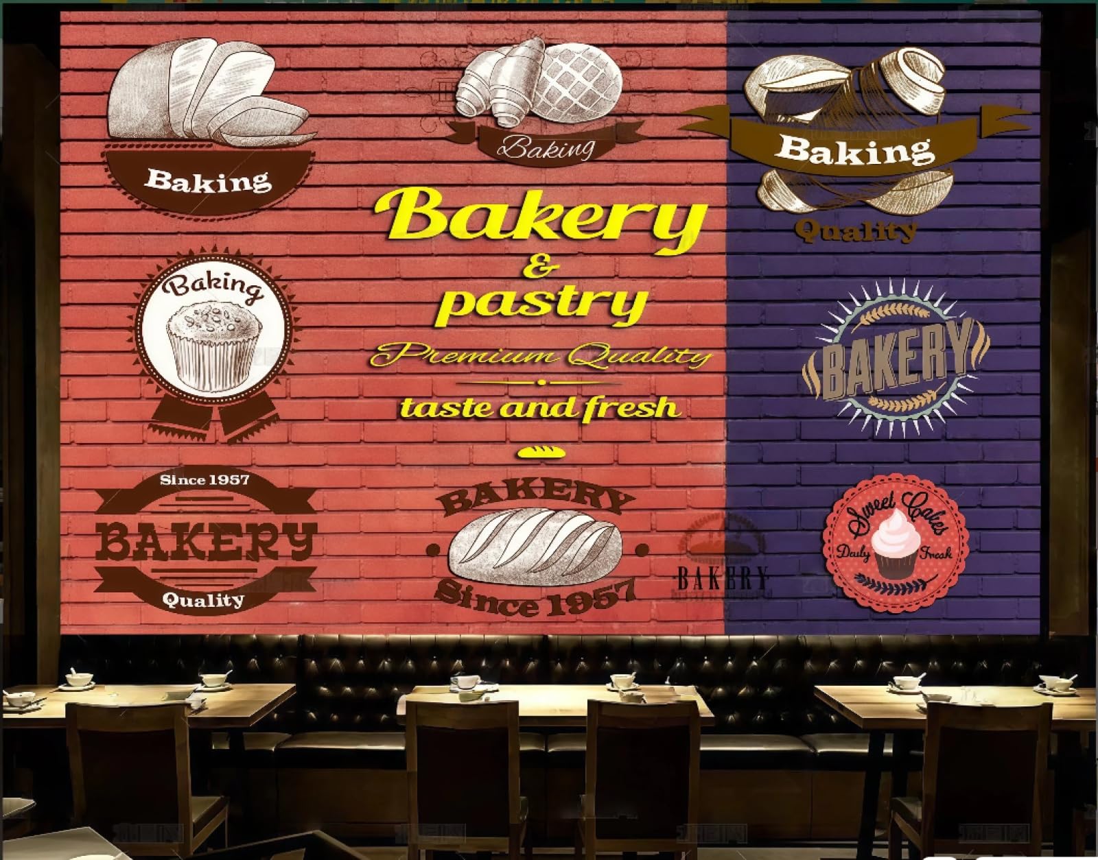 XDOUBAO Wallpaper Nostalgic Red Brick Wall Hand Painted Delicious Bread Dessert Shop Afternoon Tea Coffee Shop Background Mural Western Restaurant Wallpaper,3D,200x140cm