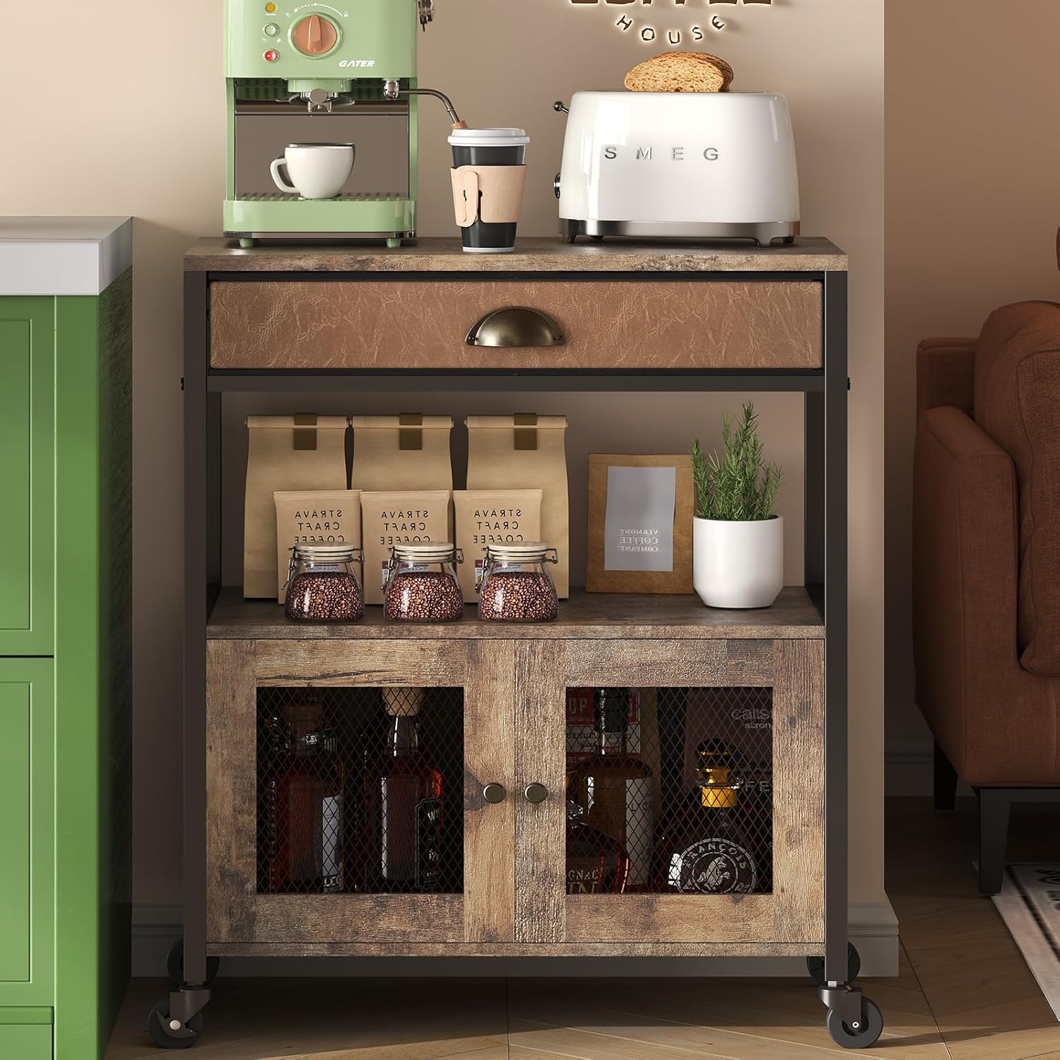 x-cosrack coffee bar cabinet?3 tiers kitchen coffee cart with drawer for the home, movable farmhouse ktichen station table on wheels for living room, entryway, dining room, kitchen w-23.22" x l-13.77" x h-28.34" brown