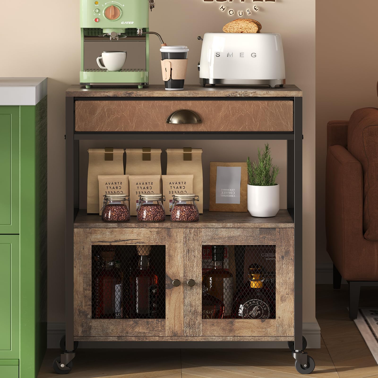 X-cosrack Coffee Bar Cabinet，3 Tiers Kitchen Coffee Cart with Drawer for The Home, Movable Farmhouse Ktichen Station Table on Wheels for Living Room, Entryway, Dining Room, Kitchen