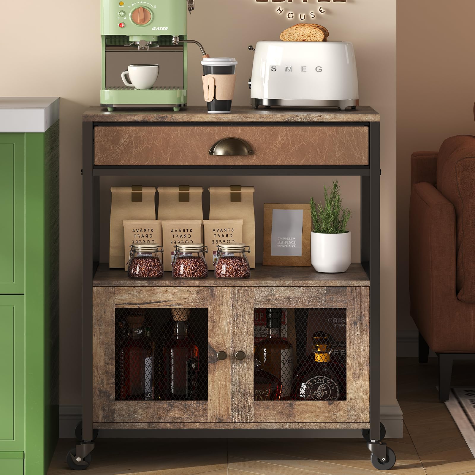X-cosrack Coffee Bar Cabinet,3 Tiers Kitchen Coffee Cart with Drawer for The Home, Movable Farmhouse Ktichen Station Table on Wheels for Living Room, Entryway, Dining Room, Kitchen