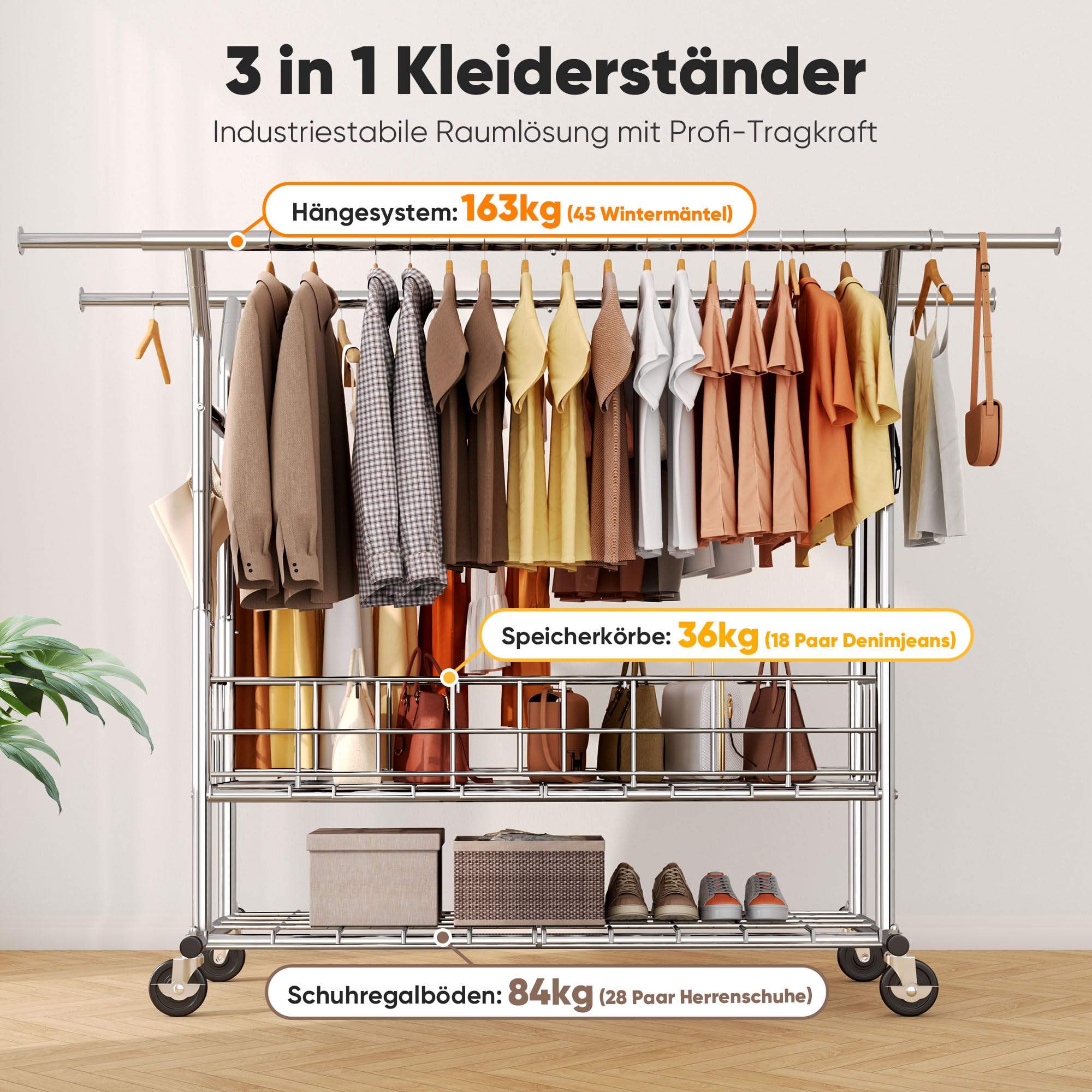 HOKEEPER Schwerlast Kleiderständer auf Rollen, Doppelter Kleiderstange, bis 283 kg belastbar, Industrie-Design, Garderobenständer mit Ablage& Wäschekorb,ausziehbare Länge und Höhe,Chorm