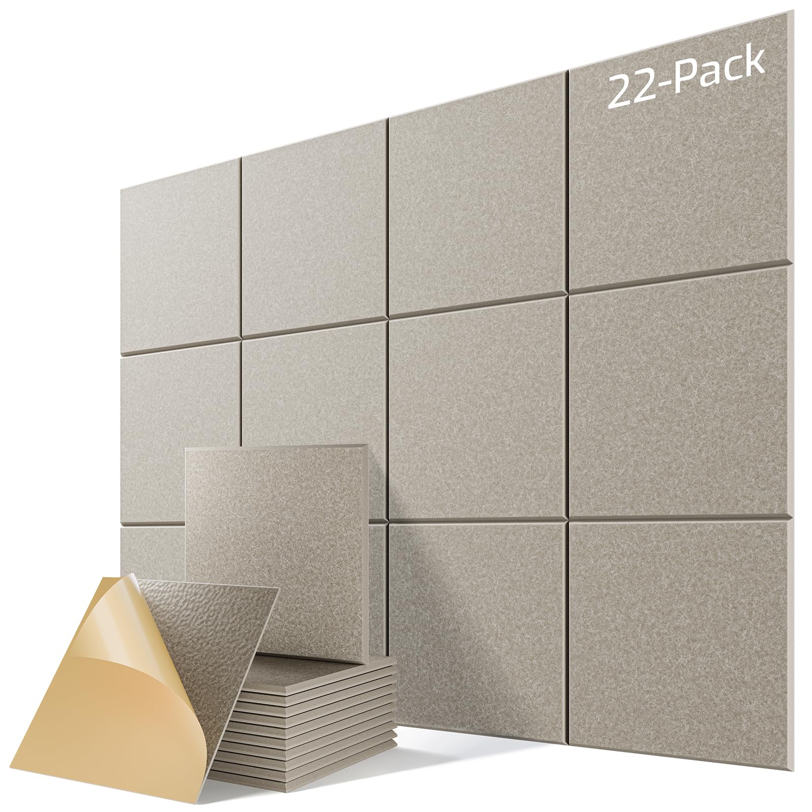 22 Pack Self-Adhesive Acoustic Panels, 12" X 12" X 0.4" High-Density Sound Proof Foam Panels for Walls, Soundproof Wall Panels for Home & Office (Camel)