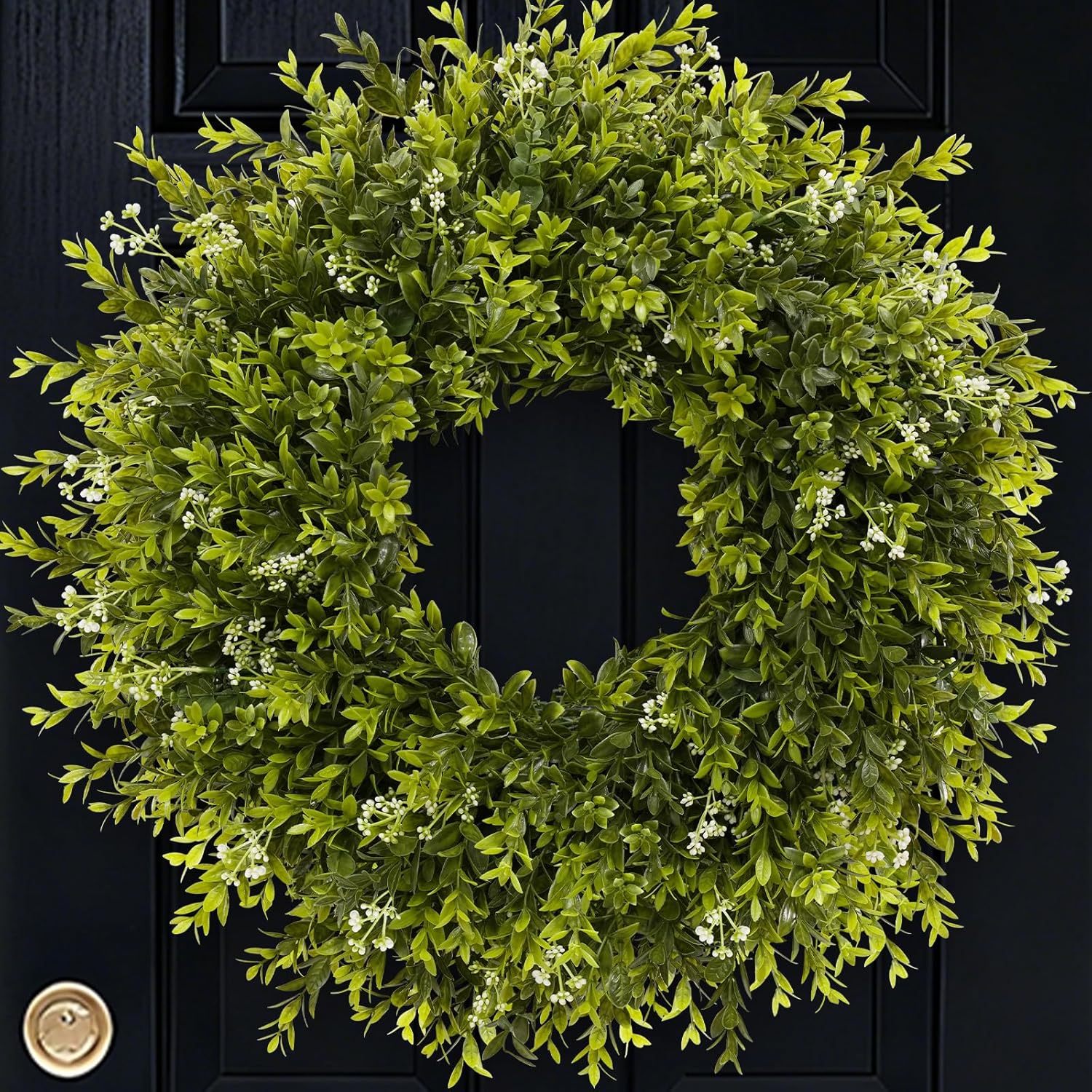 28'' Large Boxwood Wreath for Front Door Porch Window Artificial Boxwood Leaves with White Seed Greenery Outdoor Indoor Wreath for Home Farmhouse Wall Decor Spring Summer Fall All Seasons (Green)