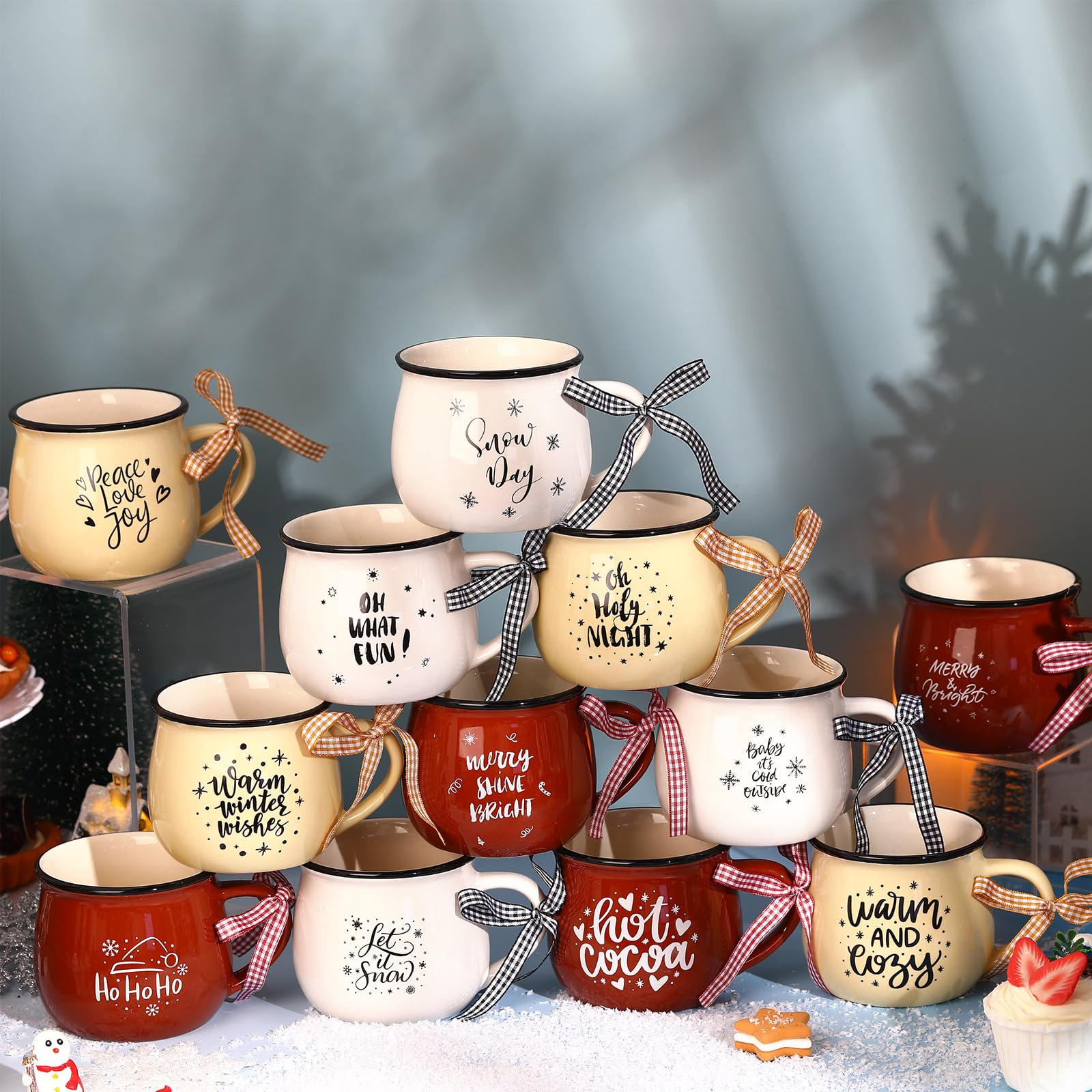 Weihnachts-Kaffeetassen, 12er-Set, 340 ml, heiße Kakao-Keramik-Tassen, Weihnachtsgeschenk-Set für Mutter, Frau, Familie, Freund, Weihnachten, Bauernhaus, abgestuftes Tablett, Dekoration,